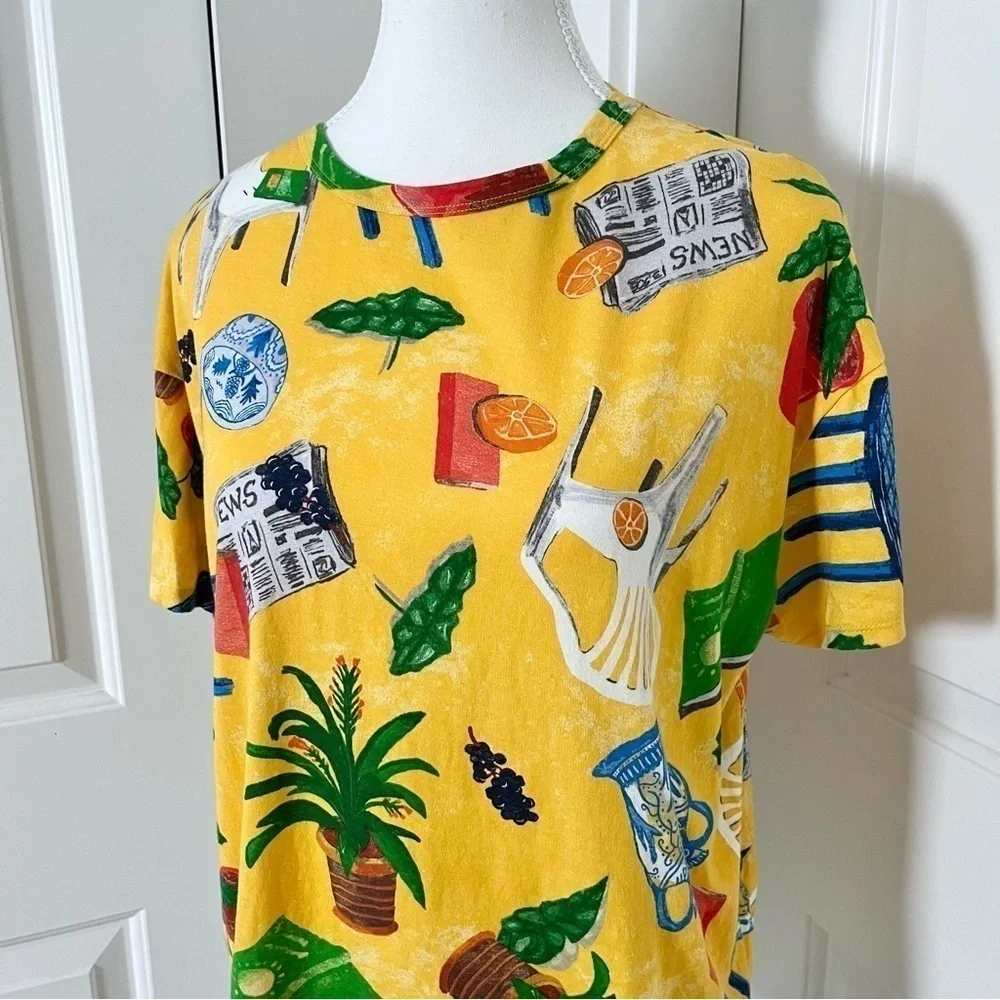 Zara Summer Patio Graphic Boxy Tee T-Shirt-Yellow Multicolor-Women Size Medium - Picture 4 of 11